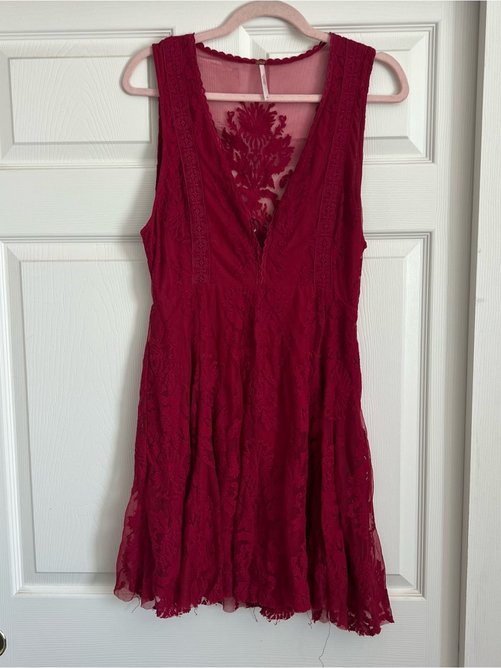 Free People Women's Deep Red Lace V-Neck Dress